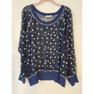 Olivia Moon Black and Navy Blue White Polka Dot Sheer‎ Blouse XL